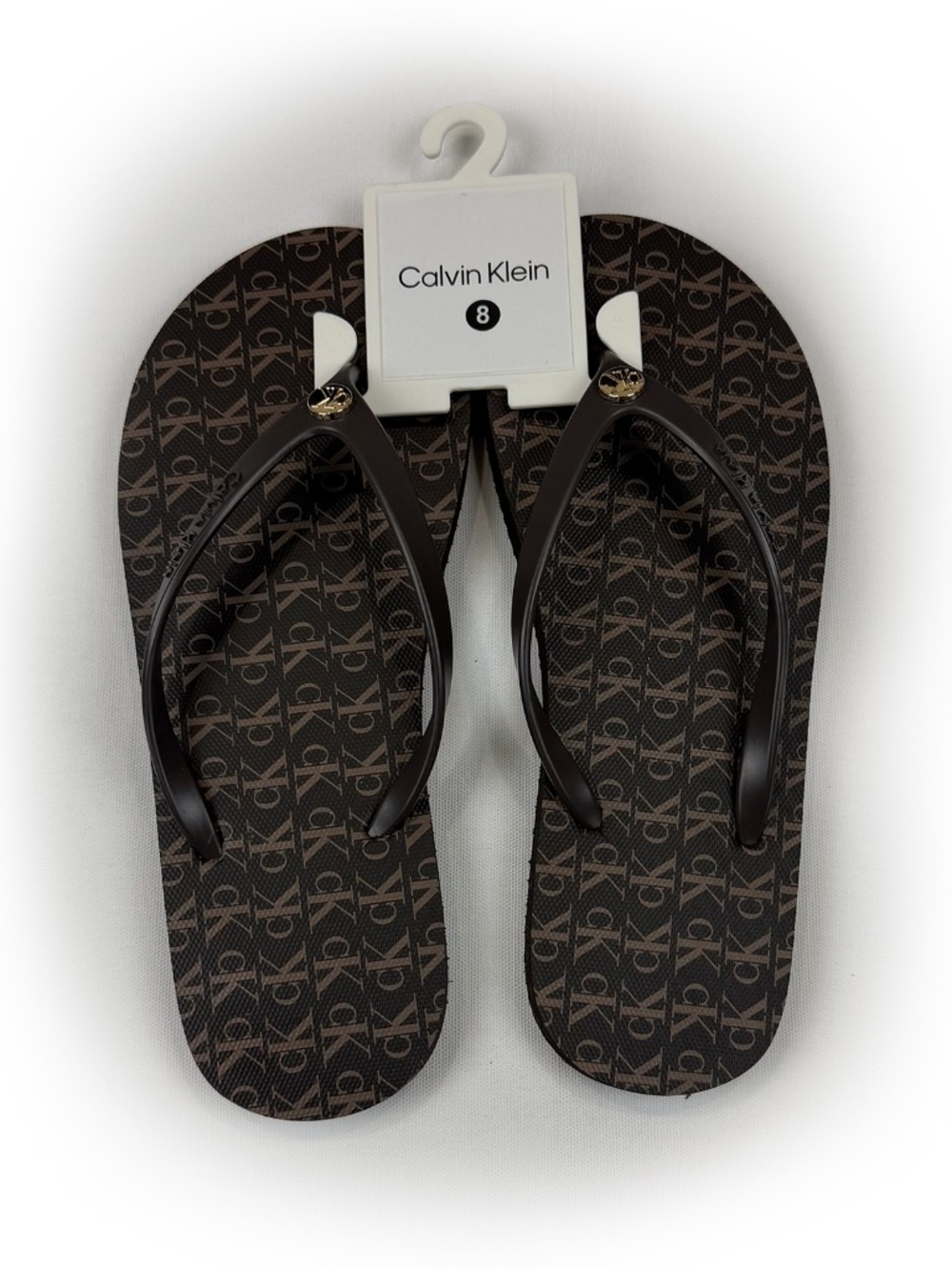 NWT Calvin Klein Women’s Flip Flops Size 8 Brown CK Logo Monogram Sandals